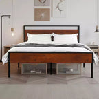 Cadre de lit plateforme Queen Size en métal avec tête et pied de lit en bois, rangement sous le lit