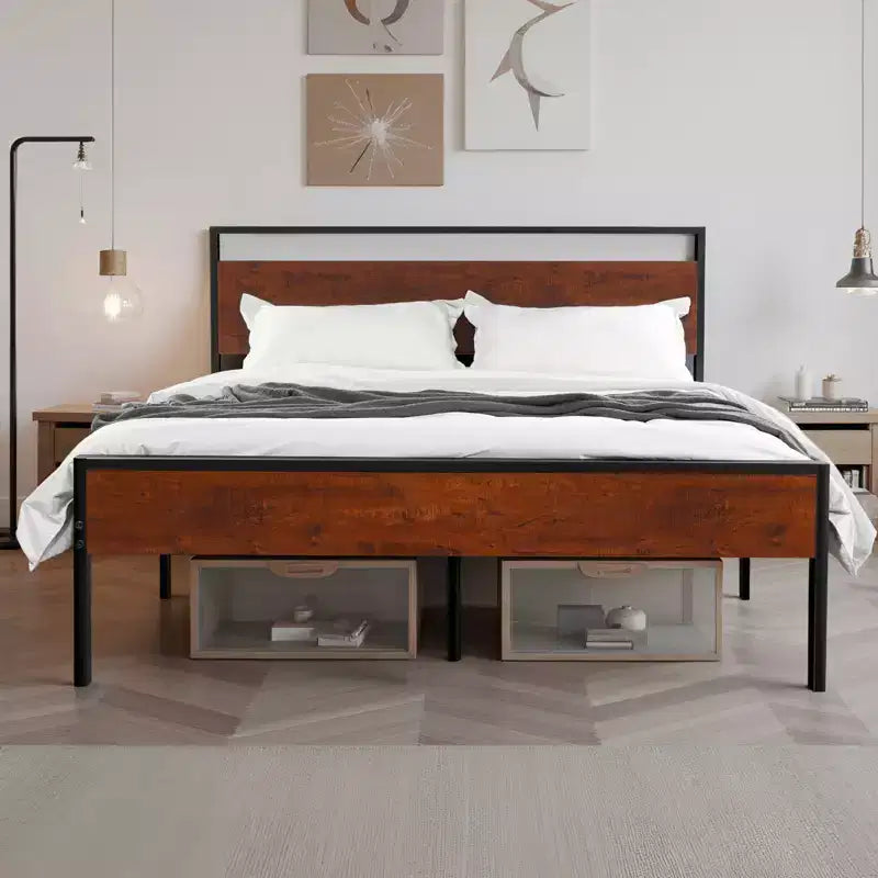 Queen Size Metal Platform Bed Frame with Wooden Headboard and Footboard, Under-Bed Storage