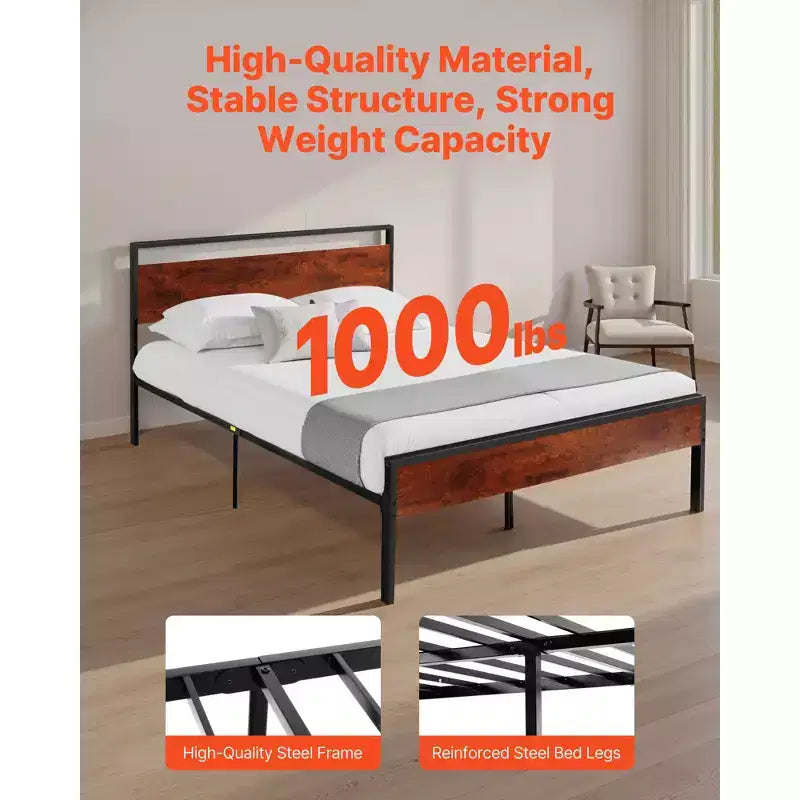 Queen Size Metal Platform Bed Frame with Wooden Headboard and Footboard, Under-Bed Storage
