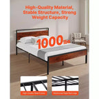 Cadre de lit plateforme Queen Size en métal avec tête et pied de lit en bois, rangement sous le lit
