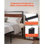Cadre de lit plateforme Queen Size en métal avec tête et pied de lit en bois, rangement sous le lit