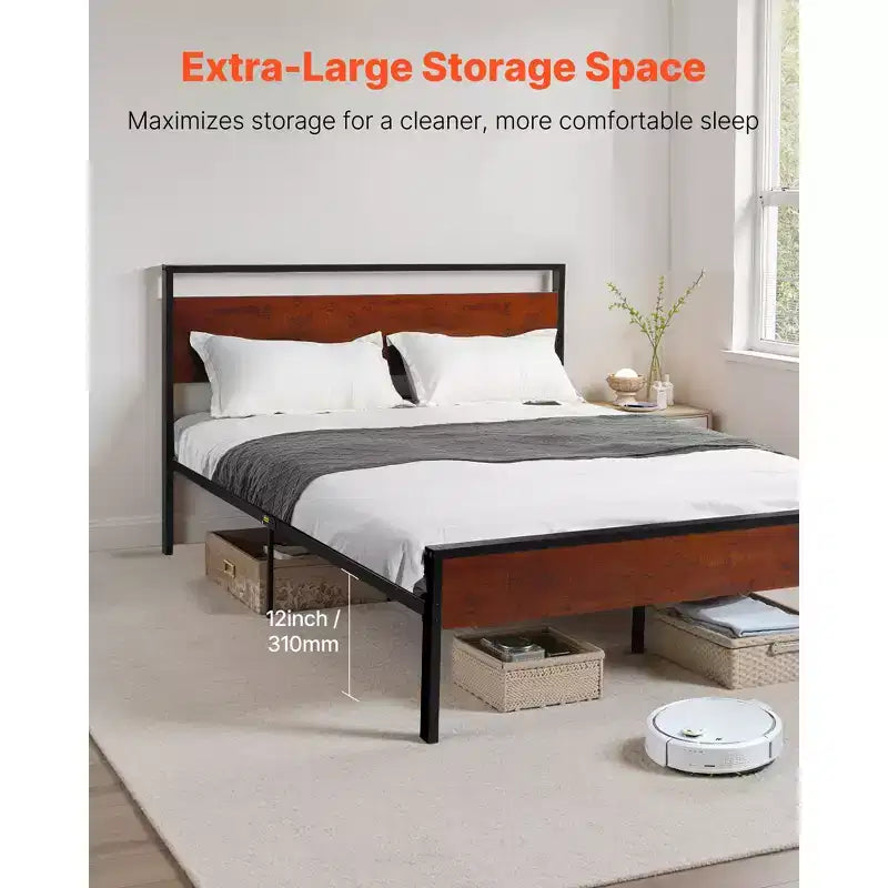 Queen Size Metal Platform Bed Frame with Wooden Headboard and Footboard, Under-Bed Storage