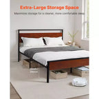 Cadre de lit plateforme Queen Size en métal avec tête et pied de lit en bois, rangement sous le lit
