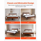 Cadre de lit plateforme Queen Size en métal avec tête et pied de lit en bois, rangement sous le lit