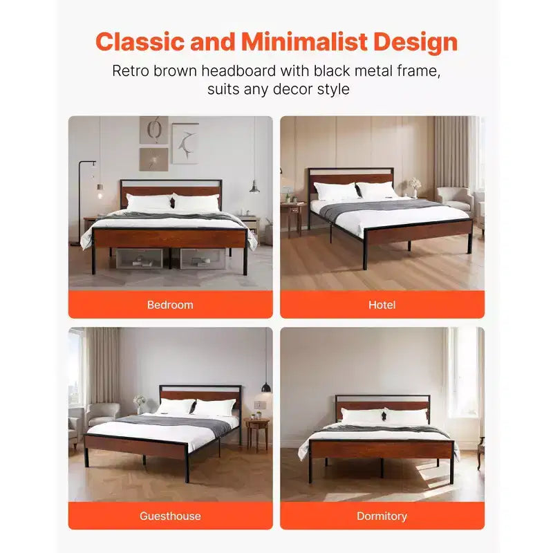 Queen Size Metal Platform Bed Frame with Wooden Headboard and Footboard, Under-Bed Storage