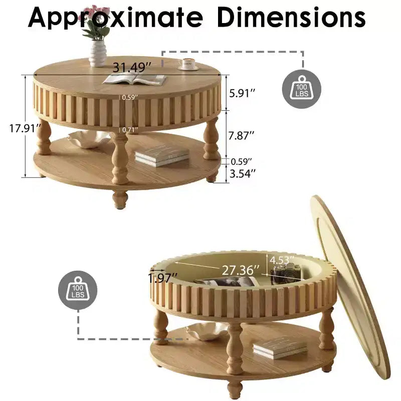 Mid Century Modern Fluted Coffee Table with Storage
