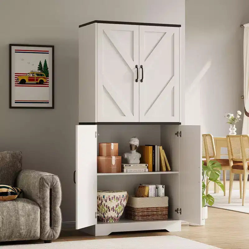 Freestanding Kitchen Pantry Cabinet with Sliding Barn Doors and Adjustable Shelves