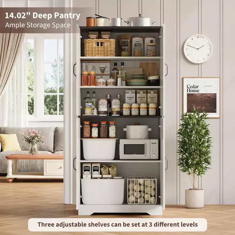 Freestanding Kitchen Pantry Cabinet with Sliding Barn Doors and Adjustable Shelves