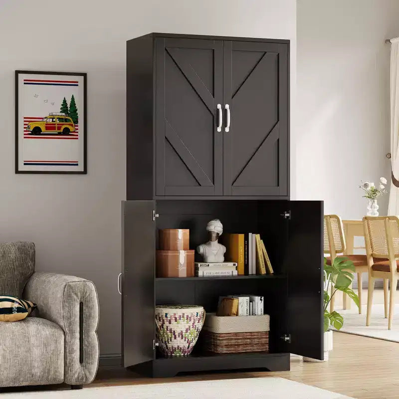 Freestanding Kitchen Pantry Cabinet with Sliding Barn Doors and Adjustable Shelves