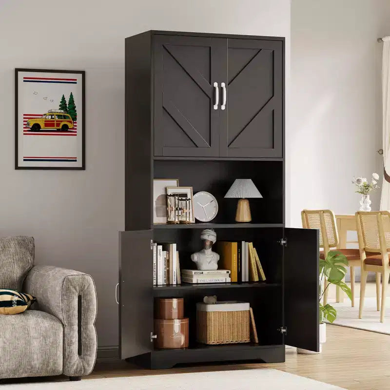Freestanding Kitchen Pantry Cabinet with Sliding Barn Doors and Adjustable Shelves
