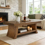 Lantine 47.2-Inch Farmhouse Coffee Table with Storage Shelf, Mid Century Modern Solid Wood Center Table with Curved Base for Living Room, Walnut