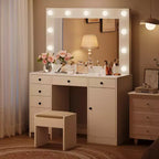 Coiffeuse moderne avec miroir lumineux, 7 tiroirs de rangement et armoire, table de maquillage en bois pour chambre à coucher