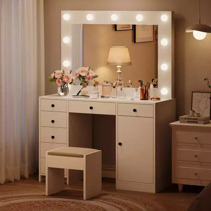 Modern Makeup Vanity Desk with Lighted Mirror, 7 Storage Drawers & Cabinet, Wooden Dressing Table for Bedroom