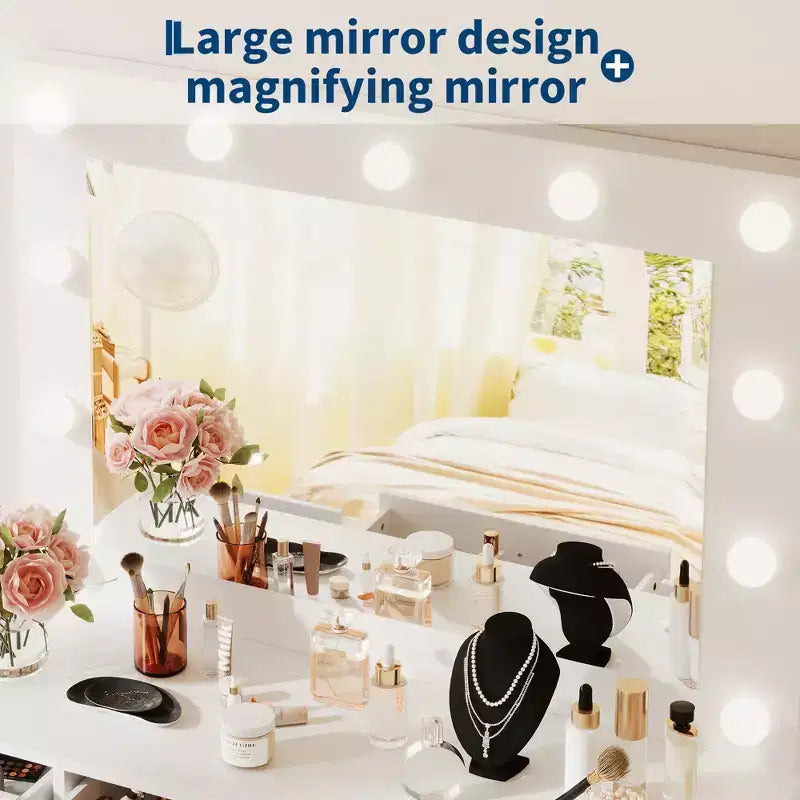 Modern Makeup Vanity Desk with Lighted Mirror, 7 Storage Drawers & Cabinet, Wooden Dressing Table for Bedroom