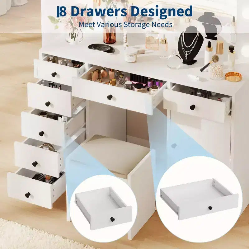 Modern Makeup Vanity Desk with Lighted Mirror, 7 Storage Drawers & Cabinet, Wooden Dressing Table for Bedroom