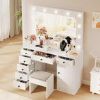 Coiffeuse moderne avec miroir lumineux, 7 tiroirs de rangement et armoire, table de maquillage en bois pour chambre à coucher