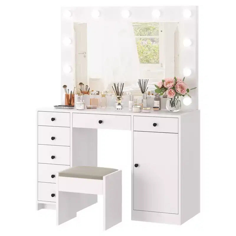 Modern Makeup Vanity Desk with Lighted Mirror, 7 Storage Drawers & Cabinet, Wooden Dressing Table for Bedroom