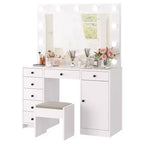 Coiffeuse moderne avec miroir lumineux, 7 tiroirs de rangement et armoire, table de maquillage en bois pour chambre à coucher