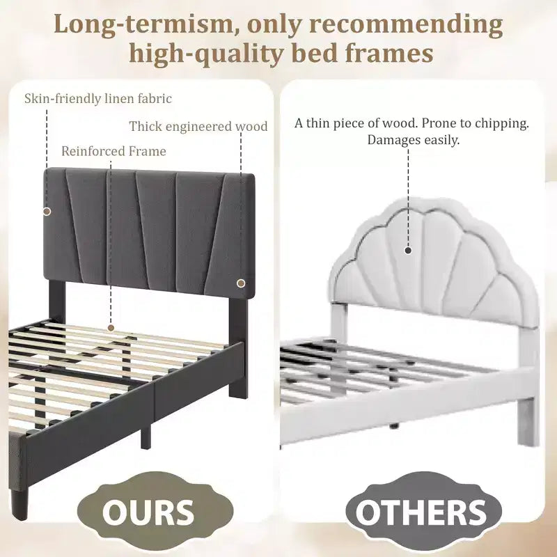 Twin Size Platform Bed Frame with Adjustable Headboard and Linen Upholstery
