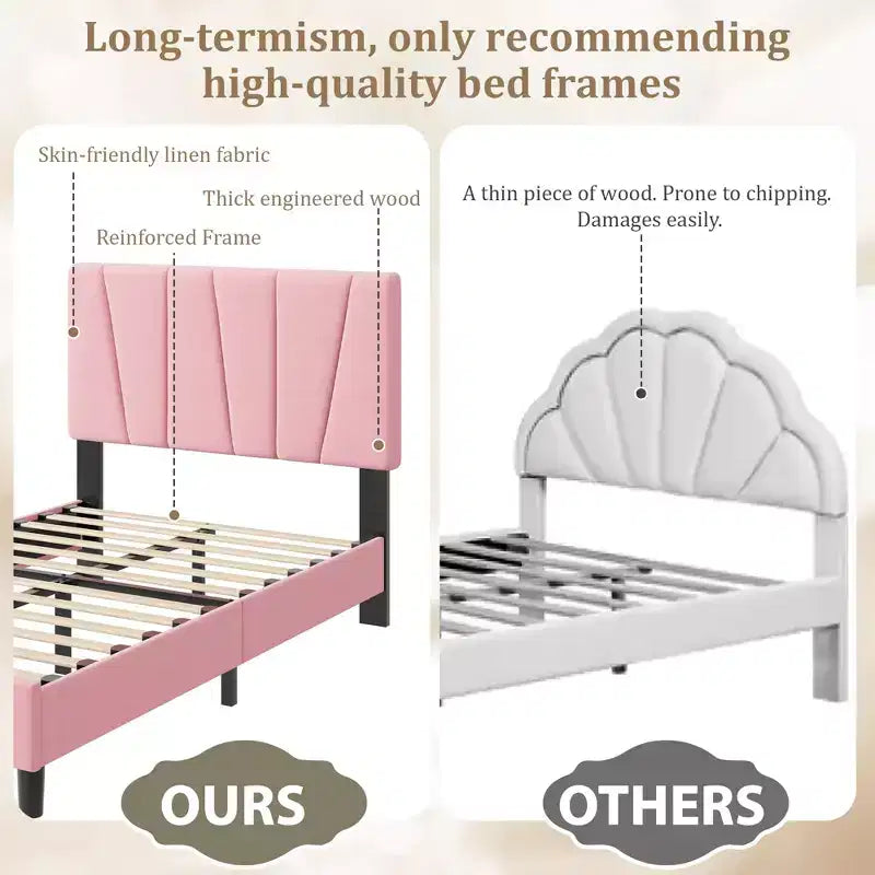 Twin Size Platform Bed Frame with Adjustable Headboard and Linen Upholstery