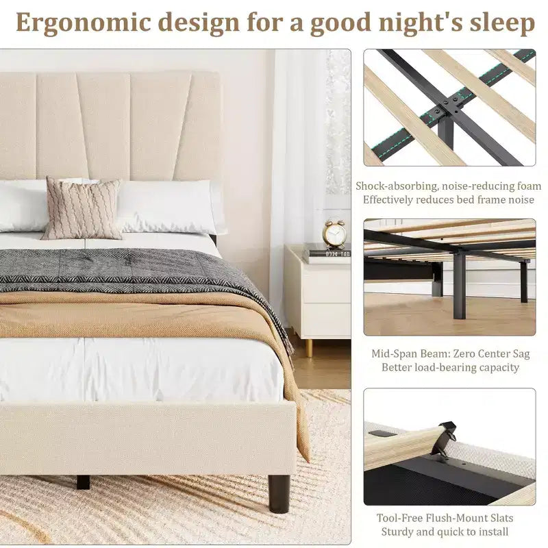 Twin Size Platform Bed Frame with Adjustable Headboard and Linen Upholstery