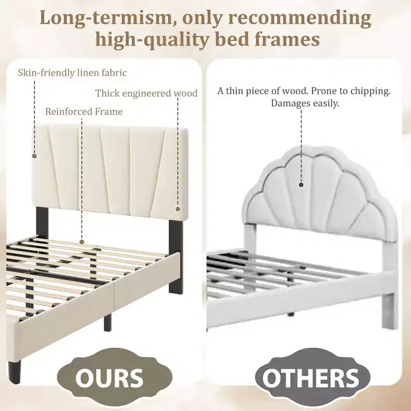 Twin Size Platform Bed Frame with Adjustable Headboard and Linen Upholstery