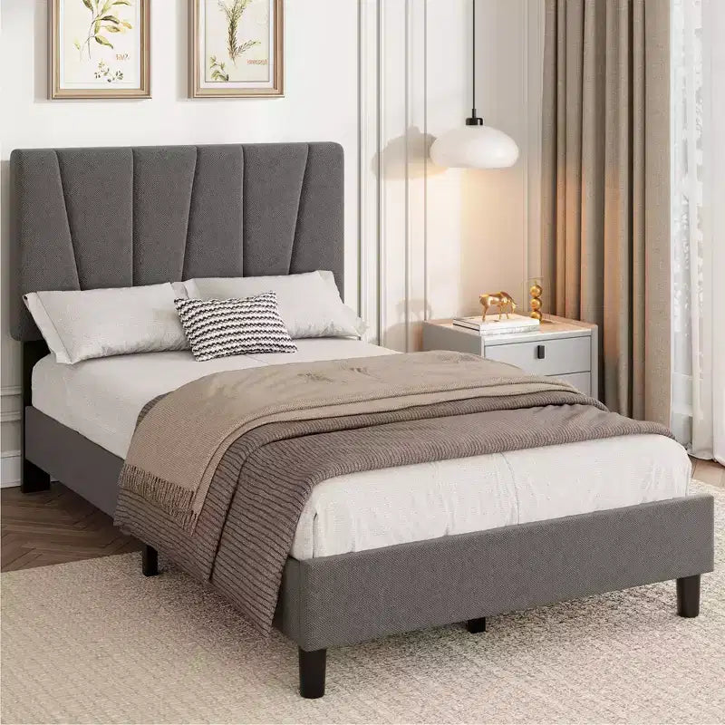 Twin Size Platform Bed Frame with Adjustable Headboard and Linen Upholstery