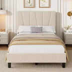 Twin Size Platform Bed Frame with Adjustable Headboard, Linen Upholstered Frame with Wooden Slats - No Box Spring Needed, Easy Assembly