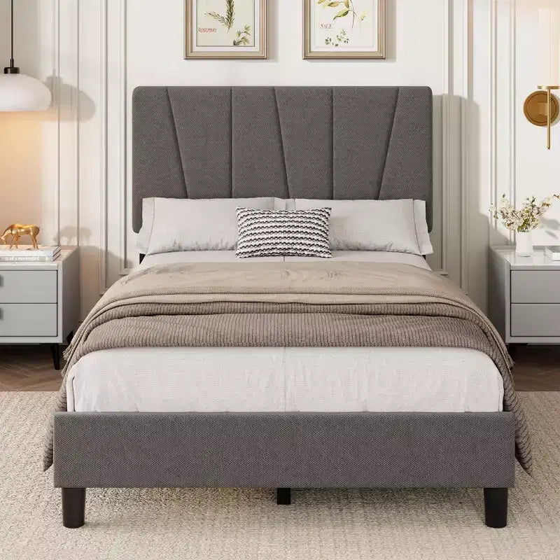 Twin Size Platform Bed Frame with Adjustable Headboard and Linen Upholstery