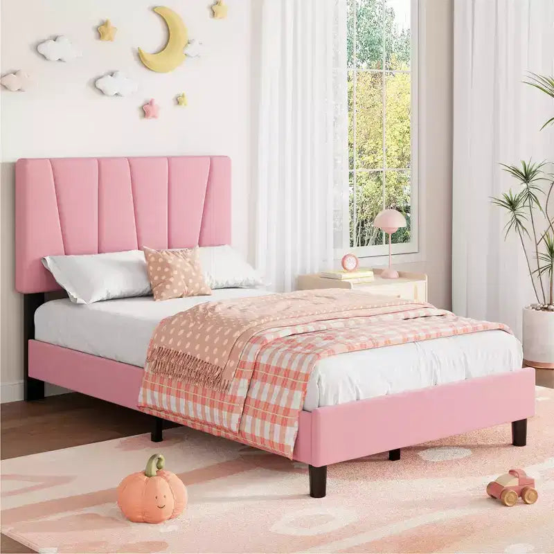 Twin Size Platform Bed Frame with Adjustable Headboard and Linen Upholstery