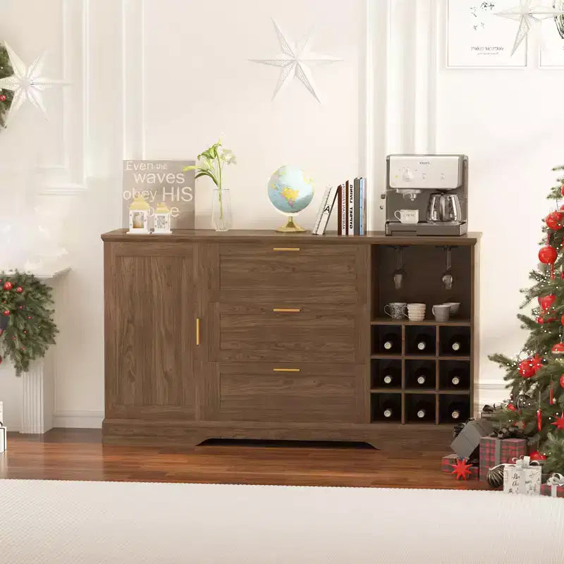 63-Inch Sideboard Buffet Cabinet with 3 Drawers and Wine Rack