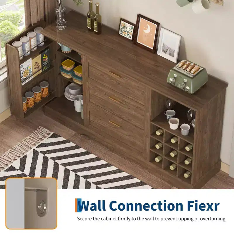 63-Inch Sideboard Buffet Cabinet with 3 Drawers and Wine Rack