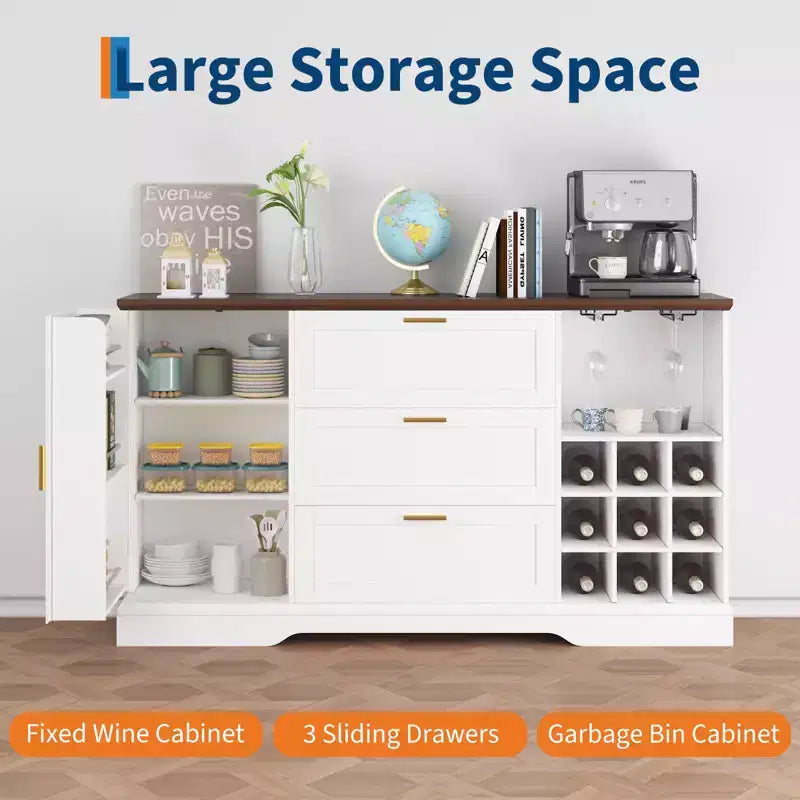 63-Inch Sideboard Buffet Cabinet with 3 Drawers and Wine Rack
