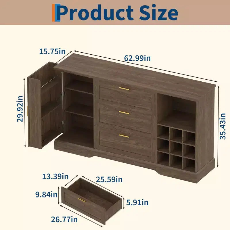 63-Inch Sideboard Buffet Cabinet with 3 Drawers and Wine Rack