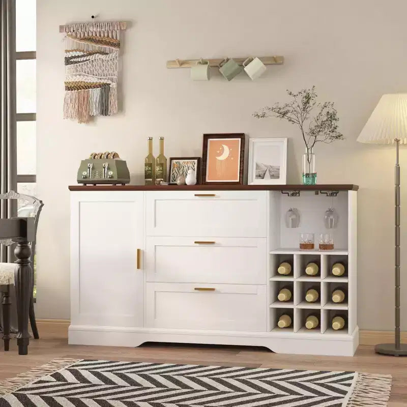 63-Inch Sideboard Buffet Cabinet with 3 Drawers and Wine Rack