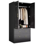 Spacious Wooden Wardrobe Closet  65 Louvered Doors, 2 Drawers, Hanging Rod, Durable Composite Wood, Bedroom/Laundry/Entryway Storage