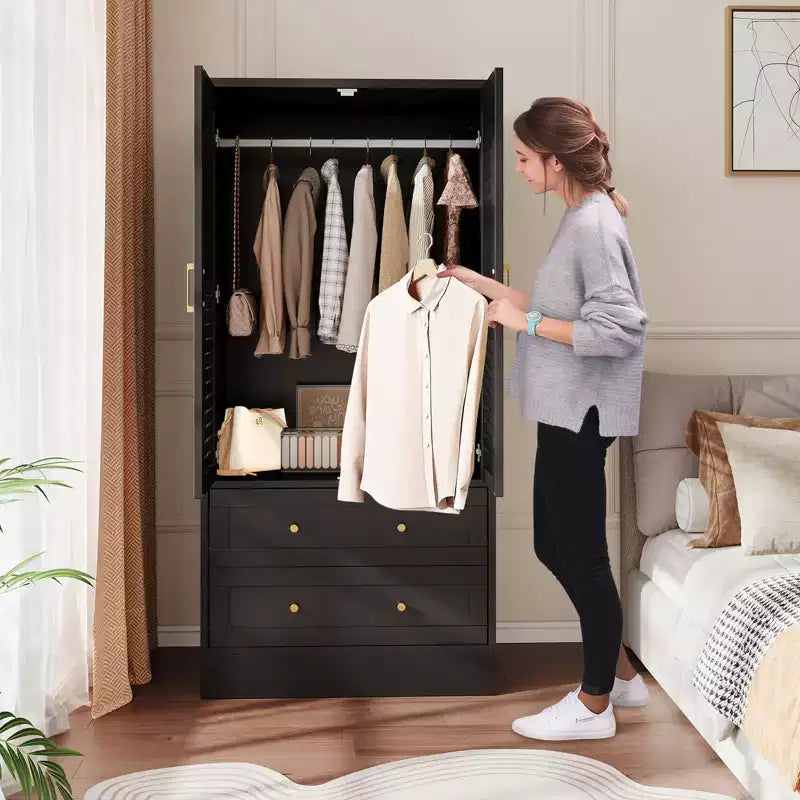 Wooden Wardrobe Closet with Louvered Doors, 2 Drawers, and Hanging Rod