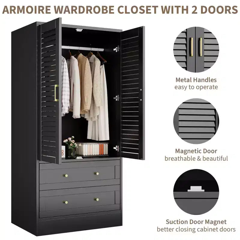 Wooden Wardrobe Closet with Louvered Doors, 2 Drawers, and Hanging Rod