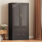 Armoire en bois avec portes persiennes, 2 tiroirs et tringle de suspension