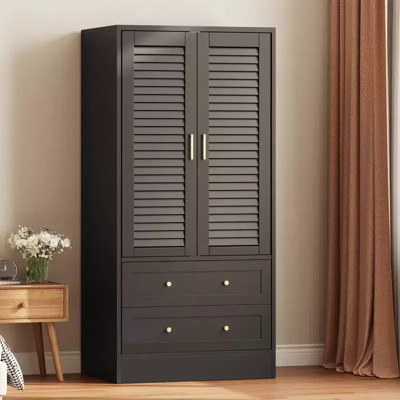 Wooden Wardrobe Closet with Louvered Doors, 2 Drawers, and Hanging Rod
