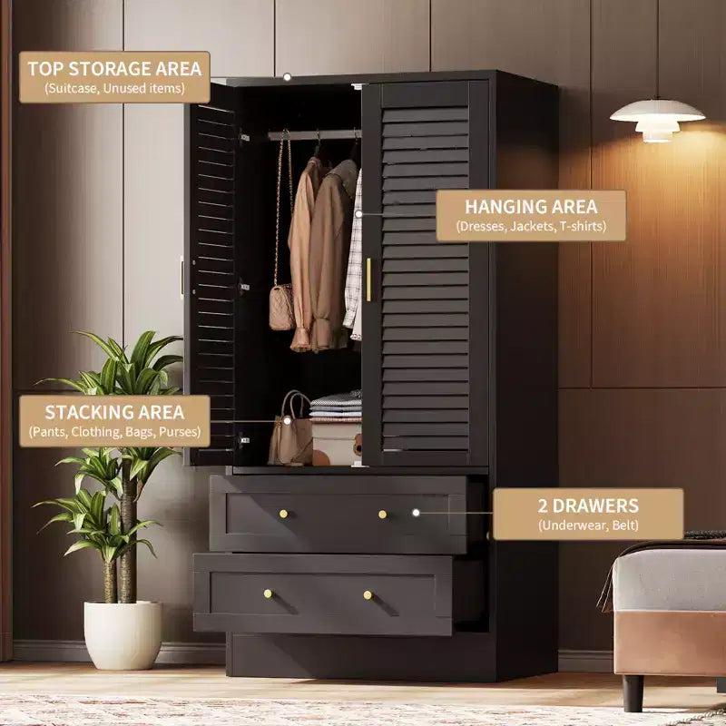 Wooden Wardrobe Closet with Louvered Doors, 2 Drawers, and Hanging Rod