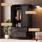 Armoire en bois avec portes persiennes, 2 tiroirs et tringle de suspension