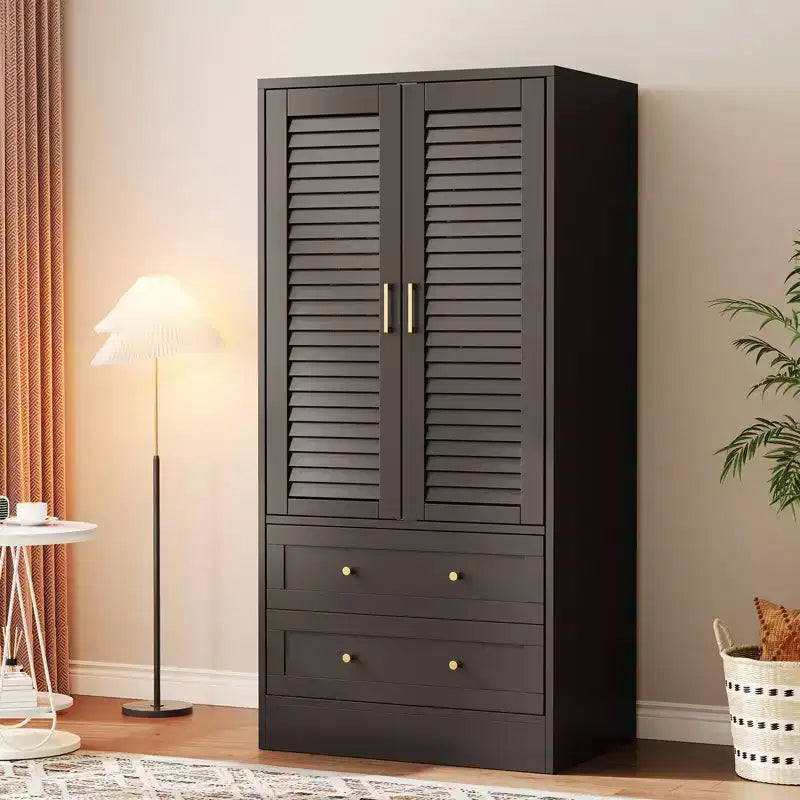 Wooden Wardrobe Closet with Louvered Doors, 2 Drawers, and Hanging Rod