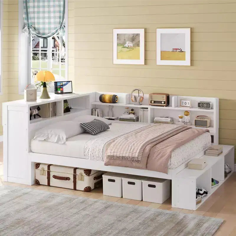 Full Size Daybed Frame with Storage Cabinets and Shoe Rack