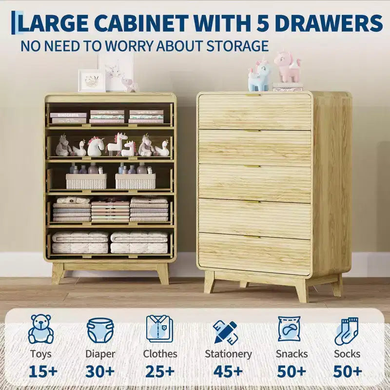 Fluted 5-Drawer Wood Dresser with Curved Profile