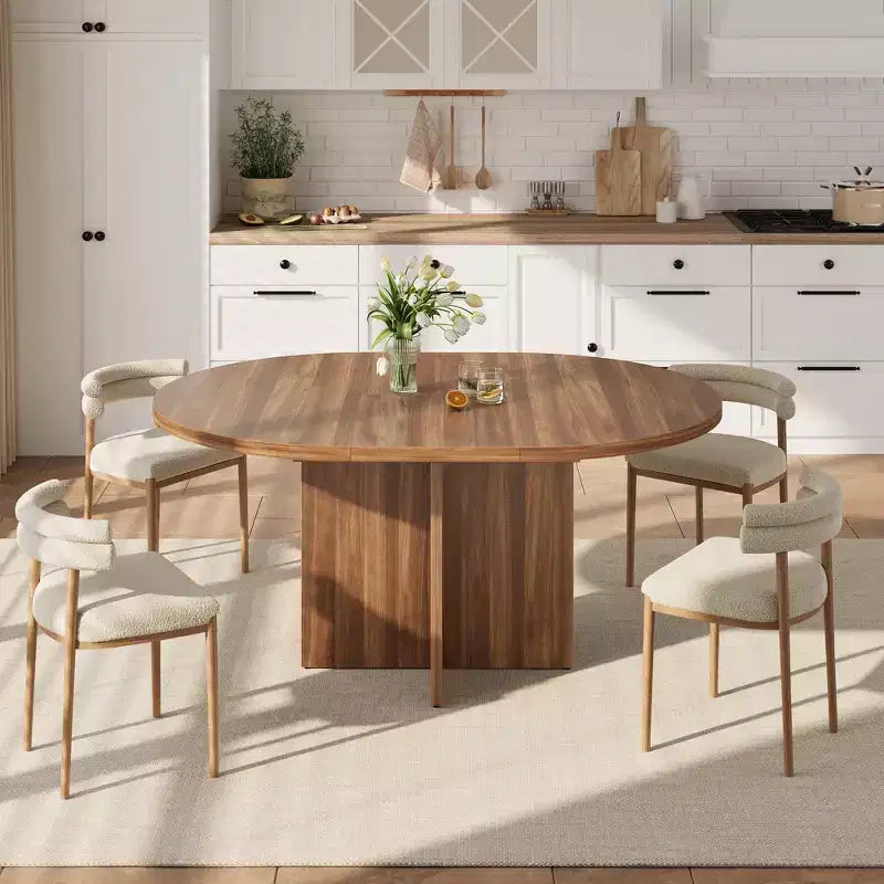 Extendable Round Dining Table for 4-8, Wooden Kitchen Table with Expandable Leaf, Oval Dining Room Table, Walnut