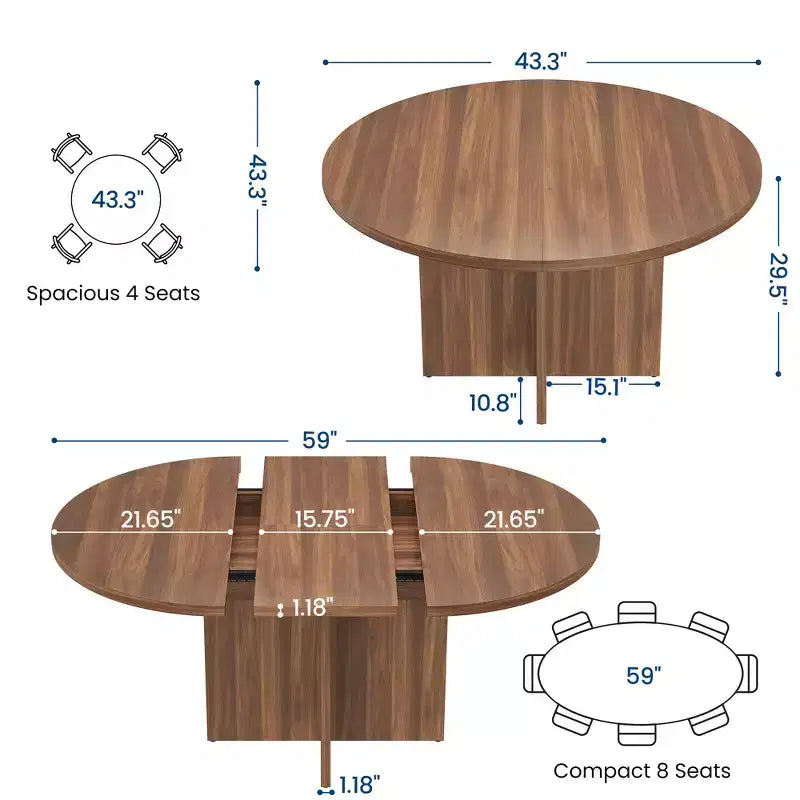 Extendable Round Dining Table for 4-8, Wooden Kitchen Table with Expandable Leaf, Oval Dining Room Table, Walnut