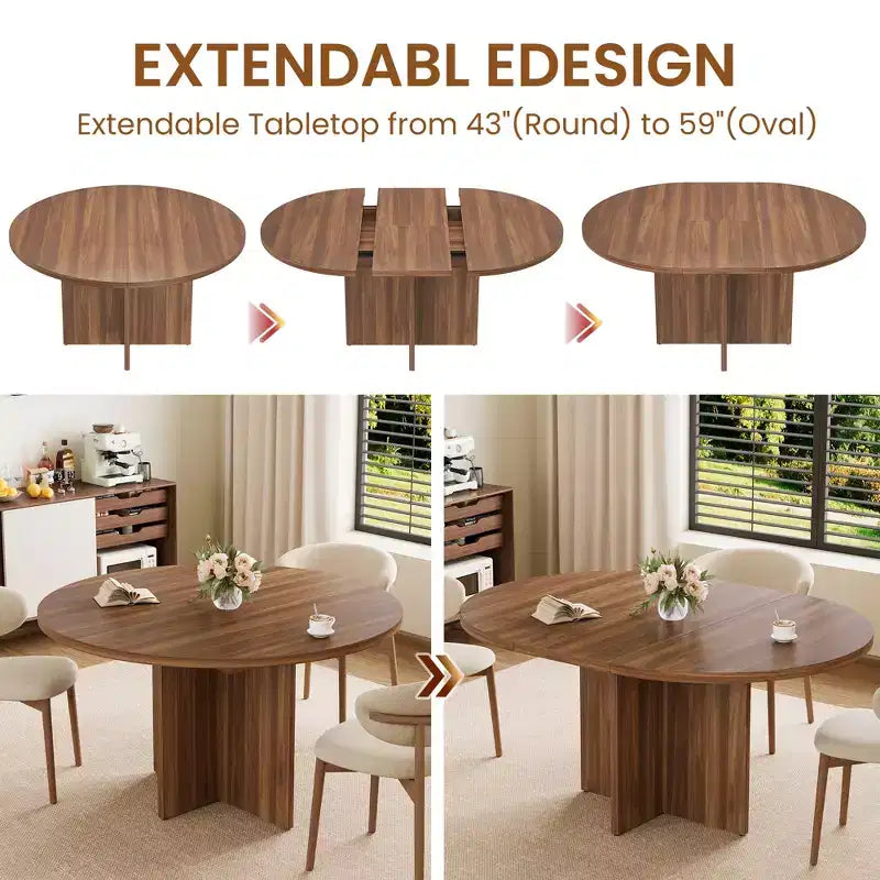 Extendable Round Dining Table for 4-8, Wooden Kitchen Table with Expandable Leaf, Oval Dining Room Table, Walnut
