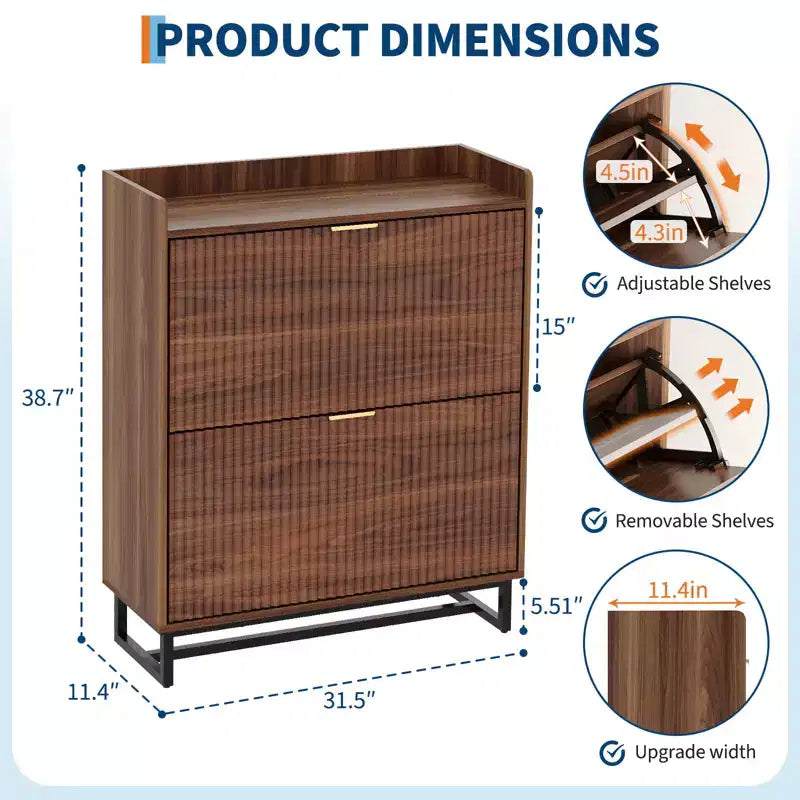 Slim Wooden Shoe Storage Cabinet with Flip Drawers - Holds 16 Pairs