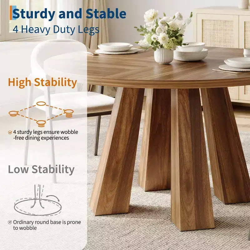 47-Inch Round Dining Table for 4 to 6 People, MDF Top with 4-Leg Base, for Kitchen and Dining Room